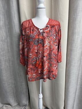Farmers Market Women's Paisley Tie-Neck Blouse in Coral Size L